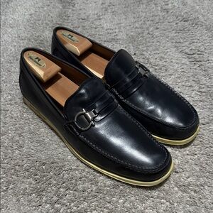 Salvatore Ferragamo Black Leather Loafers with Tan Sole